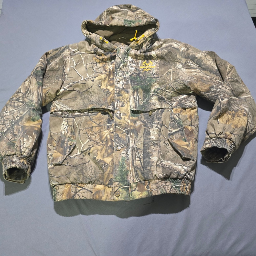 Realtree Camo Hooded Bomber Jacket Mens Size M Brown Green Full Zip Insulated